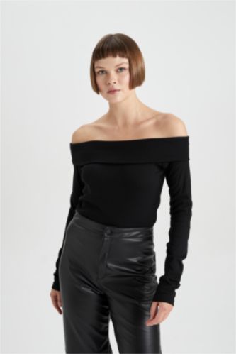 WOMAN Black Slim Fit Off Shoulder Camisole Long Sleeve T-Shirt