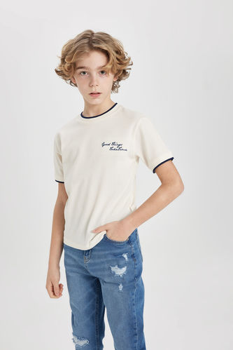 Boy Crew Neck Embroidered Pique Short Sleeve T-Shirt