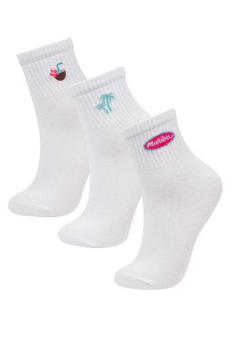 Kadın Nakış 3'lü Pamuklu Soket Çorap