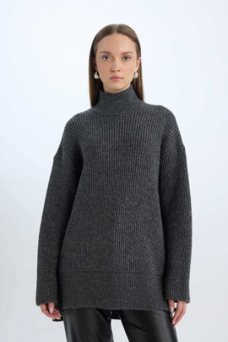 Regular Fit Balıkçı Yaka Basic Düz Triko Kazak Tunik	