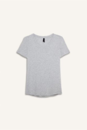 Әйелдерге Сұр Меланж Regular Fit V жағалы негізгі тегіс рибана қысқа жеңді футболка