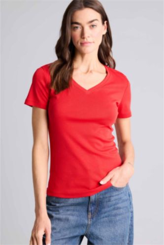 FEMME Rouge T-shirt basique à col V et manches courtes Coupe régulière