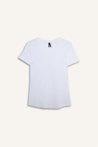 Женщины Белый Базовая футболка Regular Fit в рубчик с V-образным вырезом и коротким рукавом