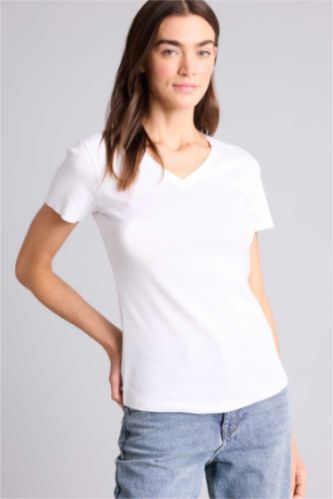 FEMME Blanc T-shirt basique à col V et manches courtes Coupe régulière