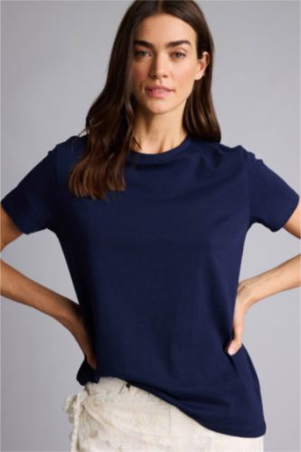 Әйелдерге әскери-теңіз Long Fit дөңгелек жағалы негізгі тегіс трикотаж қысқа жеңді футболка