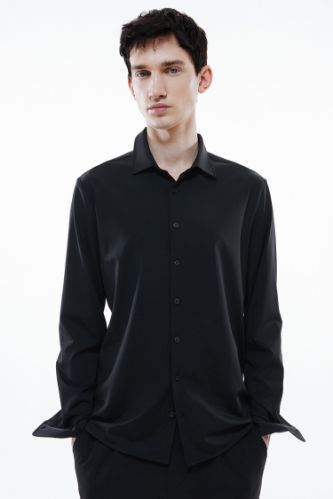 Slim Fit Dar Kesim Polo Yaka Esnek Kumaş Basic Düz Uzun Kollu Siyah Gömlek