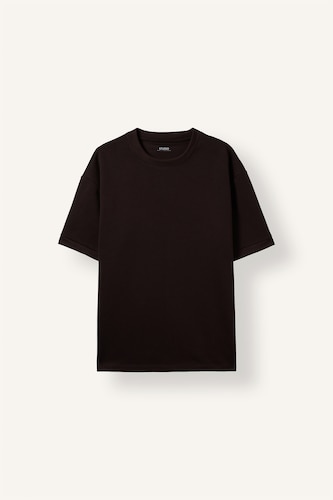 Erkek Kahve Kırışmaz Oversize Basic Kısa Kollu Tişört