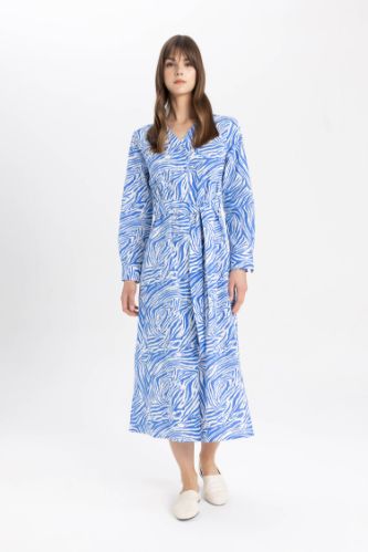 فستان قطن كم طويل مطبوع بياقة V