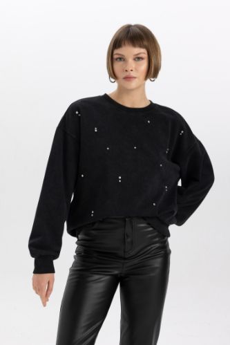 Black Woman Relax Fit Crew Neck Stoned Thick Black Sweatshirt 2999203 DeFacto