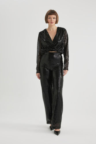 Wide Leg Sequined Fabric Trousers