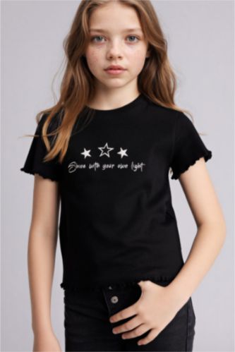 GIRLS & TEENS Black Girl Slim Fit Slogan Pattern Short Sleeve T-Shirt