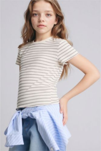 FILLES Gris T-shirt rayé à col rond pour fille