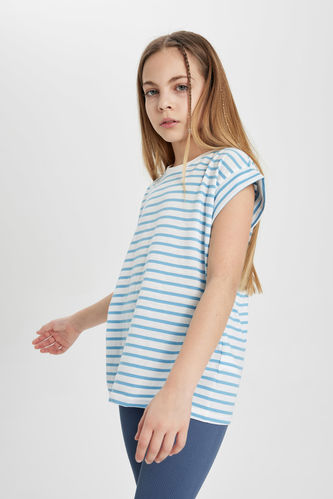 Kız Çocuk Oversize Fit Çizgili Kısa Kollu Tişört