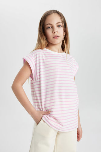 Girl Oversize Fit Striped Short Sleeve T-Shirt