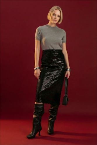 Payetli Normal Bel Astarlı Midi Etek