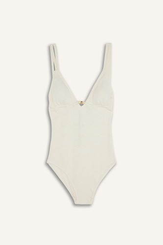 Regular Fit V-Neck Embroidered Strappy One-piece Swimsuit