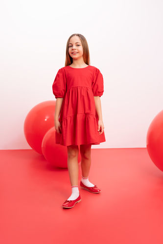 Kız Çocuk 23 Nisan Çocuk Bayramı Kısa Kollu Kırmızı Elbise