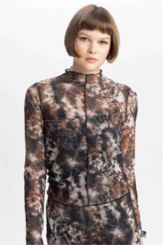 Slim Fit Half Turtleneck Tulle Long Sleeve T-Shirt