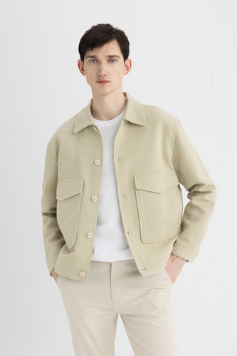 Relax Fit Polo Collar Lined Linen Jacket