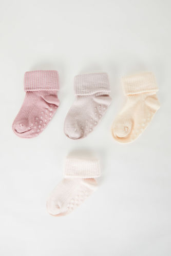 Chaussettes Longues Coton avec Semelle Antidérapantes pour Bébé Fille - 4 Paires