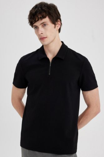 MAN Black Regular Fit Pleat Short Sleeve Polo T-Shirt