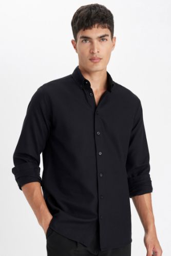 Modern Fit Polo Yaka Petek Dokulu Basic Düz Uzun Kollu Siyah Gömlek