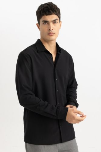 Modern Fit Polo Yaka Basic Düz Krinkıl Uzun Kollu Siyah Gömlek