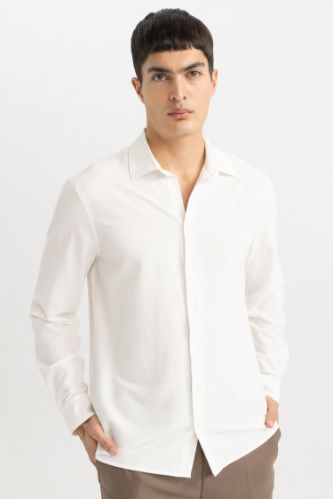 Modern Fit Polo Yaka Basic Düz Krinkıl Uzun Kollu Beyaz Gömlek