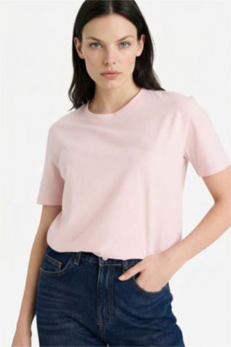 Kadın Açık Pembe %100 Pamuk Basıc Penye Tişört