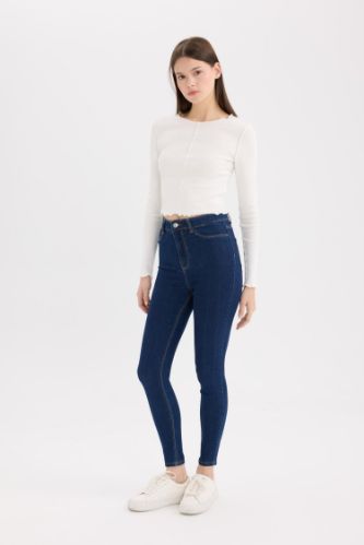 WOMAN Dark Blue High Waist Ankle Length Skinny Leg Basic Jeans