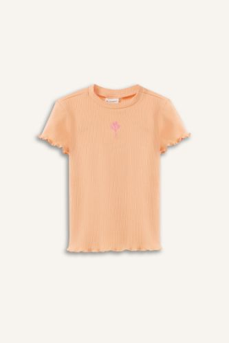 Kız Bebek Regular Fit Bisiklet Yaka Çiçekli Fitilli Kaşkorse Kısa Kollu Tişört