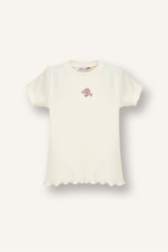 Kız Bebek Ekru Regular Fıt Bisiklet Yaka Çiçekli Fitilli Kaşkorse Kısa Kollu Tişört Kız Bebek