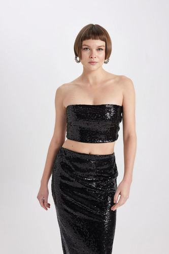 Slim Fit Strapless Sequined Fabric Crop Top