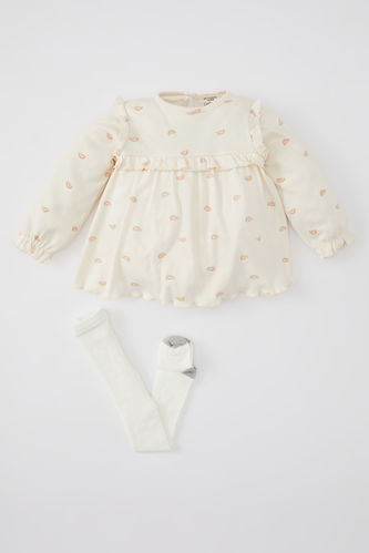 Kız Bebek Yeni Doğan Gökkuşağı Desenli Elbise Külotlu Çorap 2'li Takım