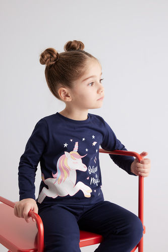 Kız Bebek Unicorn Baskılı Karanlıkta Parlayan Uzun Kollu Penye Pijama Takımı