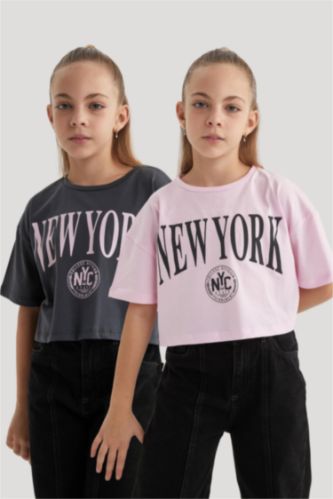 تيشيرت بناتي كروب قصة عادية بياخة مستديرة - قطعتين