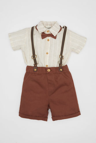Baby Boy Striped Poplin Shirt Shorts Bow Tie Suspender Set of 4
