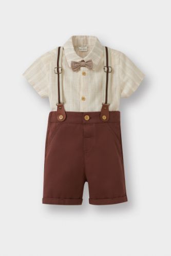 Erkek Bebek 4'lü Takım Çizgili Poplin Gömlek Şort Papyon Pantolon Askısı