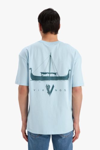 %100 Pamuk Vikings Comfort Regular Fit Rahat Kalıp Bisiklet Yaka Sırt Baskılı Kısa Kollu Tişört