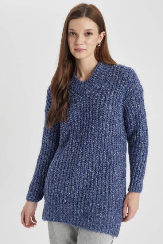 Regular Fit V Yaka Örgü Desenli Triko Kazak Tunik
