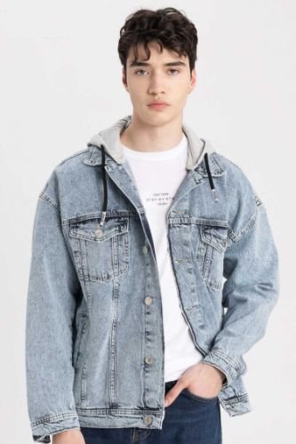 MAN Light Blue Oversize Fit Hooded Denim Jacket