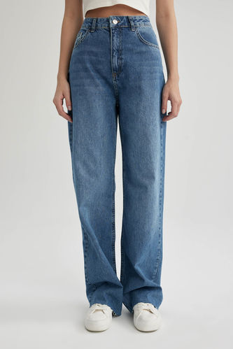 90's Wide Leg Yüksek Bel Paça Ucu Kesik Uzun Jean Yıkamalı Pantolon