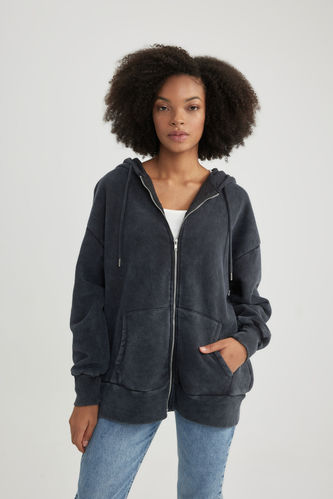 Oversize Fit Hooded Thick Fabric Cardigan