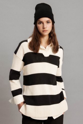 Regular Fit Polo Yaka Çizgili Triko Kazak Tunik