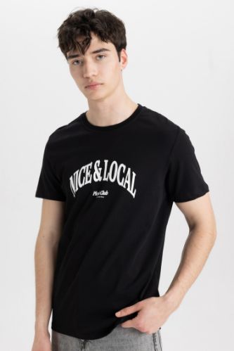Slim Fit Dar Kesim Bisiklet Yaka Baskılı Kısa Kollu Tişört