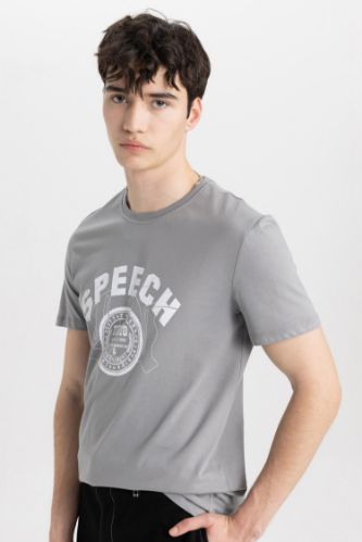 Slim Fit Dar Kesim Bisiklet Yaka Baskılı Kısa Kollu Tişört