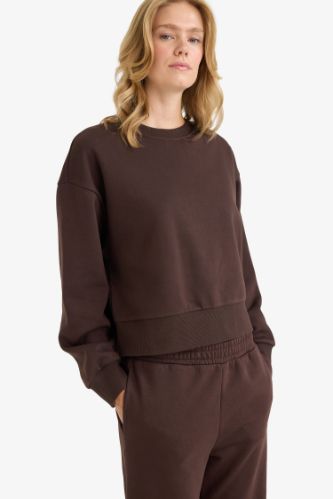Boxy Fit Bisiklet Yaka Basic Düz Sweatshirt