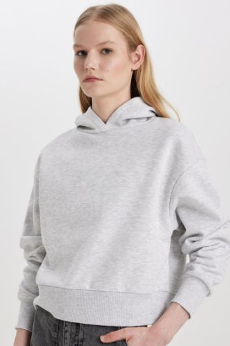 Boxy Fit Kapüşonlu Kalın Basic Düz Sweatshirt