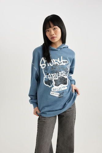 Oversize Fit Printed Hooded Thick Sweatshirt