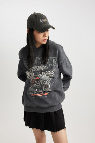 Oversize Fit Printed Hooded Thick Sweatshirt